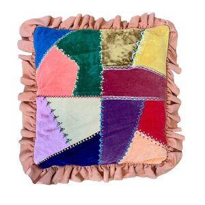 Hand Sewn Crazy Quilt Patch Crewel Embroidered Square Throw Pillow And Ruffles
